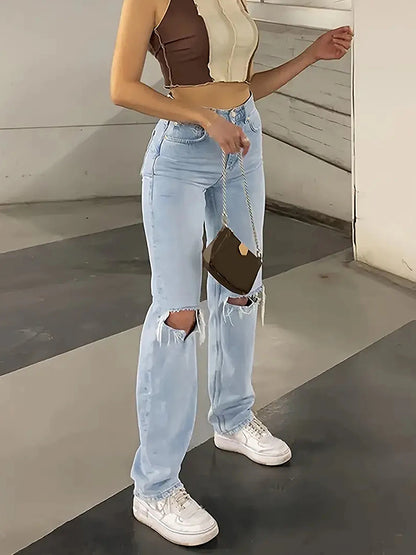 Women's new knee-piercing jeans, loose, comfortable and casual, fully matching straight micro-elastic jeans