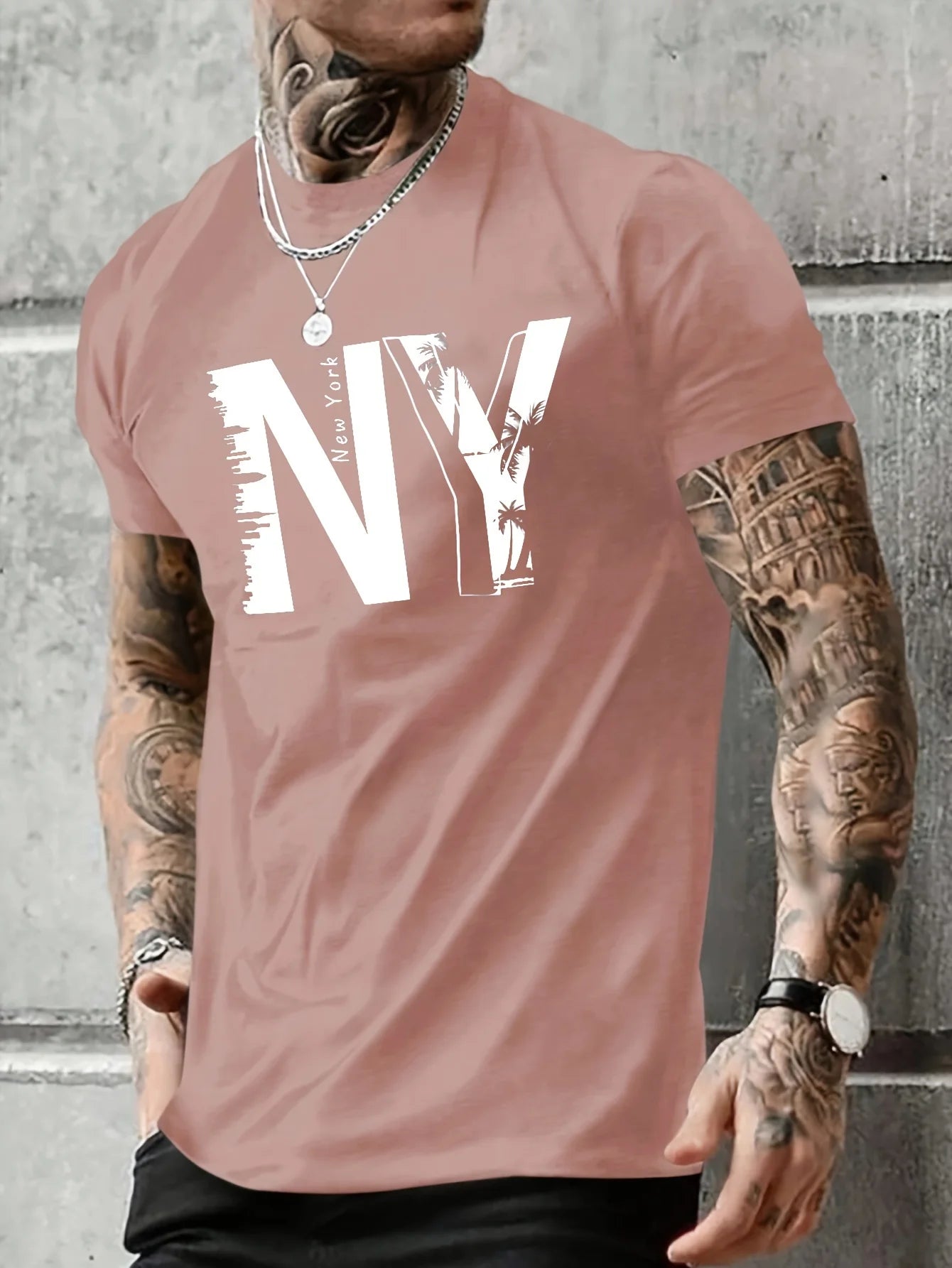 Summer men's 100% pure cotton casual loose plus size NY letter printed sports comfortable round neck short sleeved T-shirt top