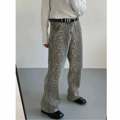 Women's Jeans Leopard High Waist Hip Hop Straight Fashion Pants Streetwear Harajuku Y2K Style Female Wide Leg Denim Trousers