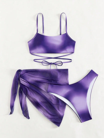 3 Pieces Ombre Lace Up Bikini Swimsuit & Beach Skirt Sexy Swimwear Women 2025 Bathing Swimming Swim Suit Female Summer Beachwear