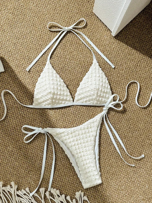 2025 Swimsuit New Pure White Sexy Bikini Fashion Small Fresh Bikini Women's Split Swimsuit With Halterneck