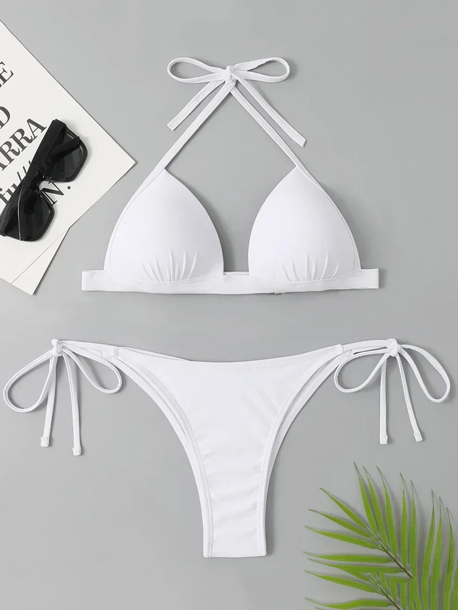 2025 Halter Bra Cup Bikini Sexy Swimsuit Female White Swimwear Women Push up Bikini set Brazilian Bathing Suit Bandeau Swim suit