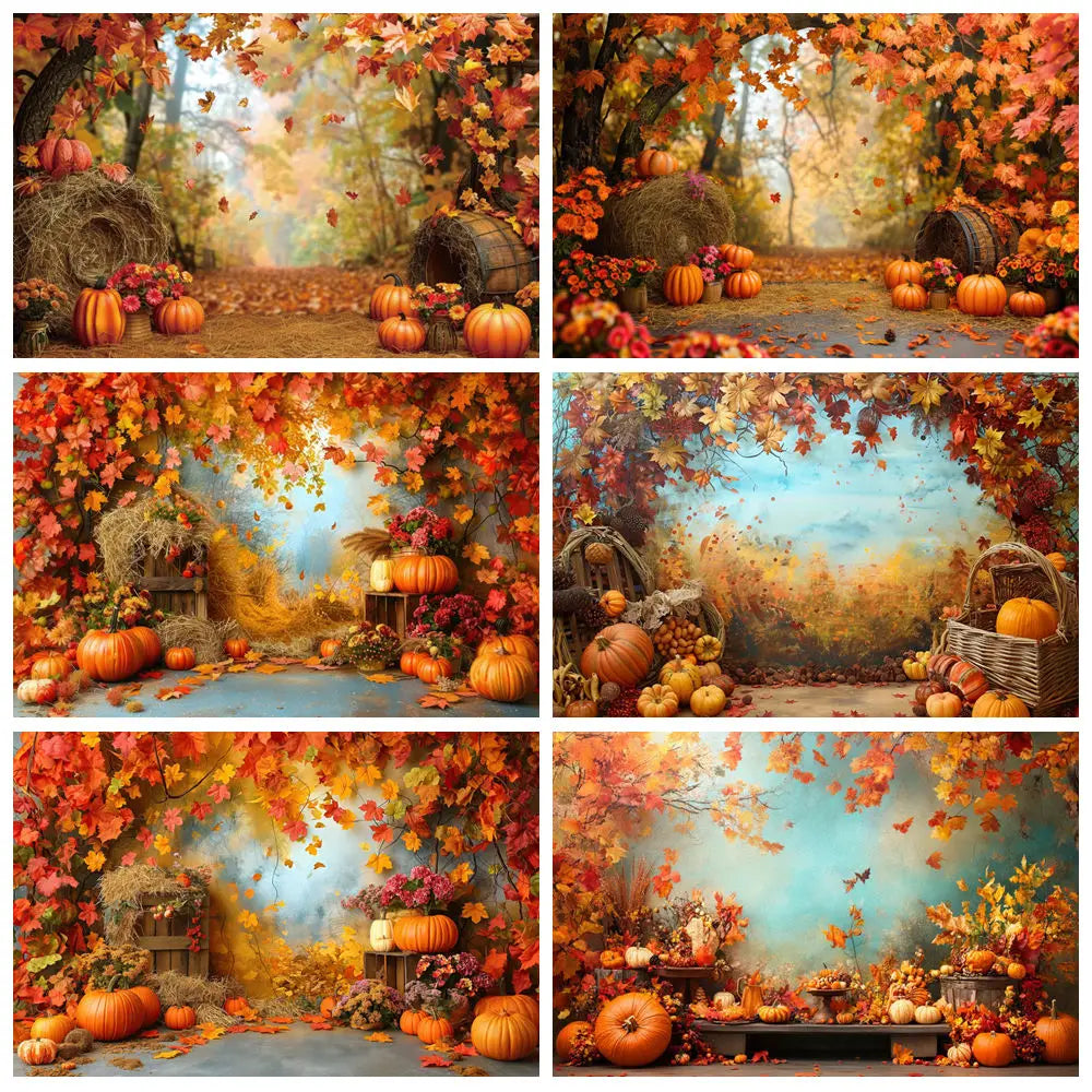 Autumn Backdrop Maple Pumpkin Maple Leaves Forest Haystack Harvest Thanksgiving Baby Portrait Photography Background Photobooth