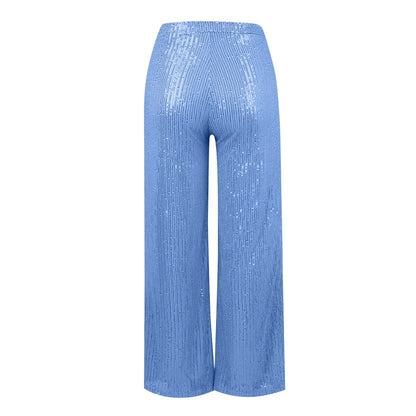 Women's Fashion Solid Color High Waist Sequin Side Zipper Draped Wide Leg Pants Pants for Women Women’s Pants Women’s Pants 2024
