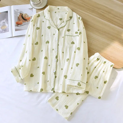 2025 New Spring and Autumn Women's Pajama Set 100% Cotton Crepe Long Sleeve Long Pants Two Piece Set Love Sweet Home Clothes