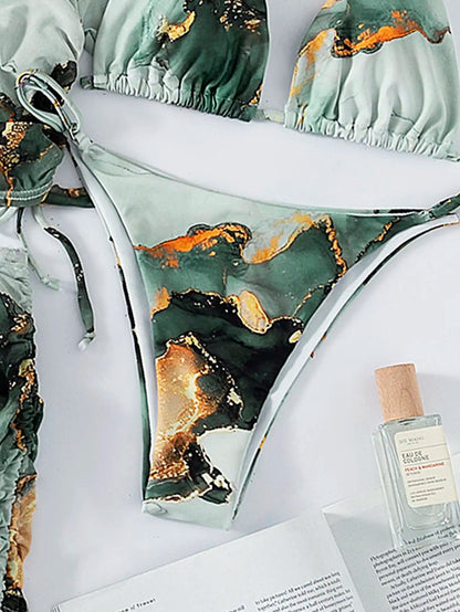 4 Pieces Halter Bikini Swimsuit With Marble Print Cover Up 2025 Swimwear Female Beachwear Bathing Swimming Suit Women Summer