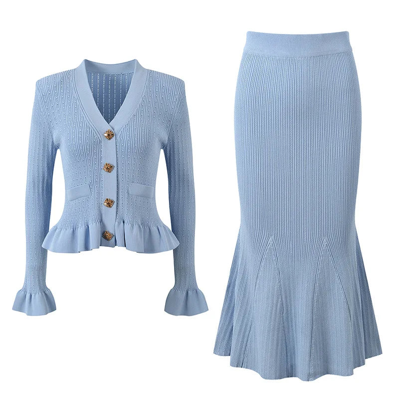ZJYT Elegant Women's Flare Sleeve Sweater Long Mermaid Skirt 2 Piece Matching Set Knitted Suit Autumn Winter Party Outfit White