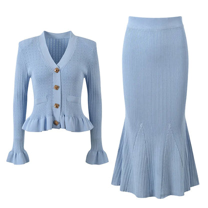 ZJYT Elegant Women's Flare Sleeve Sweater Long Mermaid Skirt 2 Piece Matching Set Knitted Suit Autumn Winter Party Outfit White