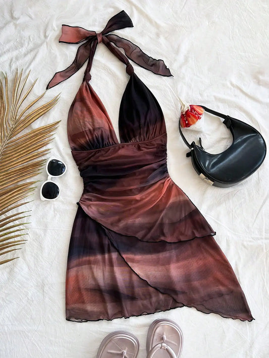 2025 Europe and the United States Fashion Gauze Printed Neck Sleeveless Sexy Tight Deep V Short Sexy Pure Backless Dress
