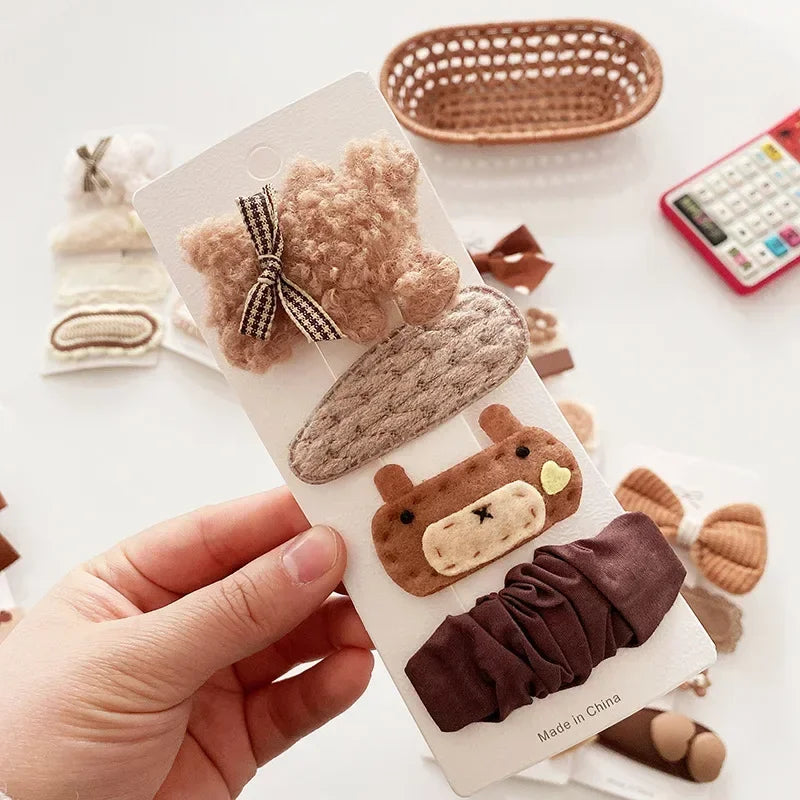 Autumn Winter 8Pcs Kids Hairclip Cartoon Bear Cute Bowknot Baby Princess Hair Accessories Newborn Cream Color Hairclips For Girl