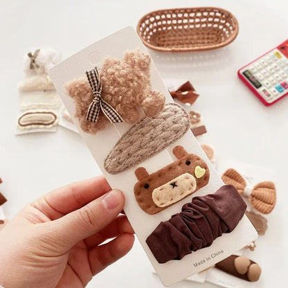 Autumn Winter 8Pcs Kids Hairclip Cartoon Bear Cute Bowknot Baby Princess Hair Accessories Newborn Cream Color Hairclips For Girl