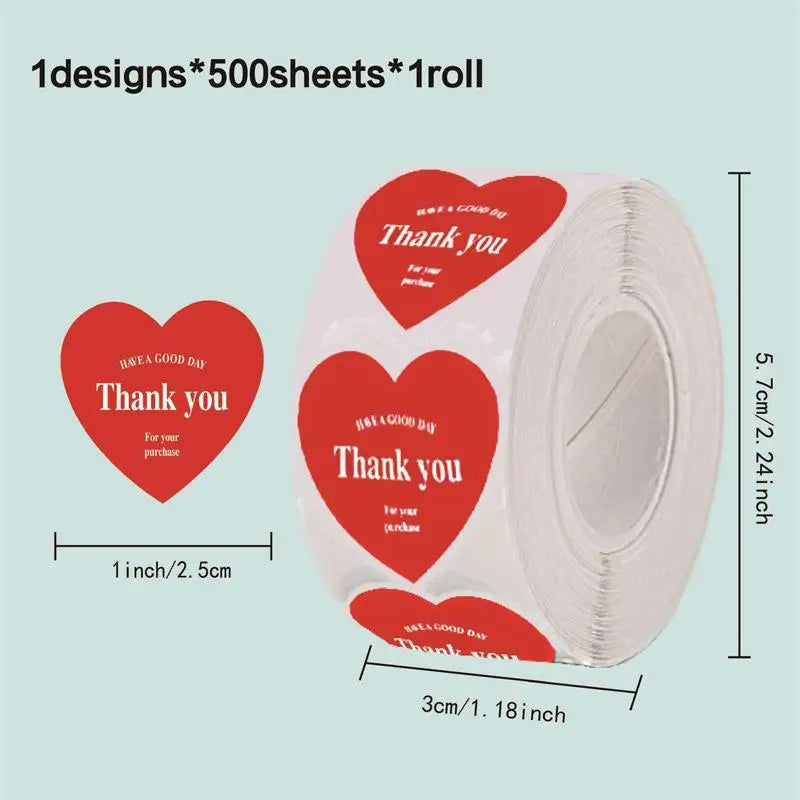 500pcs/roll New Red Heart Thank You Stickers Cute Heart-shaped Decorative Seal Labels for Wedding, Party Gifts, Business Package