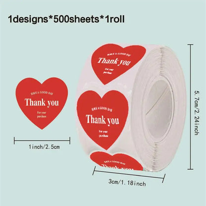 500pcs/roll New Red Heart Thank You Stickers Cute Heart-shaped Decorative Seal Labels for Wedding, Party Gifts, Business Package