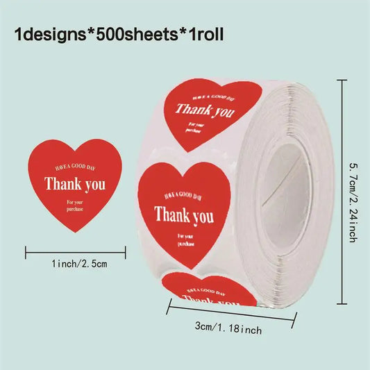 500pcs/roll New Red Heart Thank You Stickers Cute Heart-shaped Decorative Seal Labels for Wedding, Party Gifts, Business Package