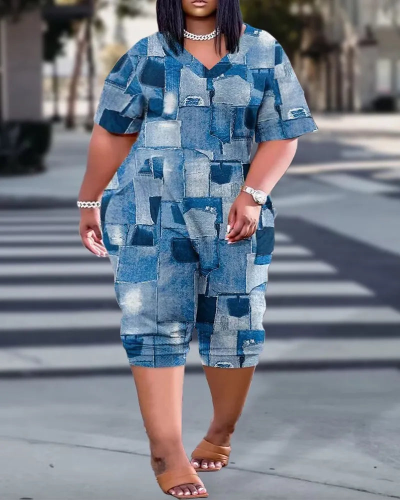 2024 AliExpress Europe and America Plus Size Summer Loose V-Neck Stitched Patch Pocket Printed Jumpsuit