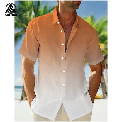 2024 Casual Men's Shirts Summer Clothing Gradient Graphics Apparel Vacation Seaside Oversized Short Sleeve Tops For Male