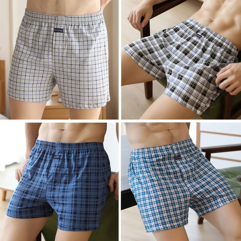 4pcs Male Arrow Pants Men Cotton Plaid Boxers Shorts Loose Mid-Waisted Men's Plus Size Underwear Homewear Comfortable Panties