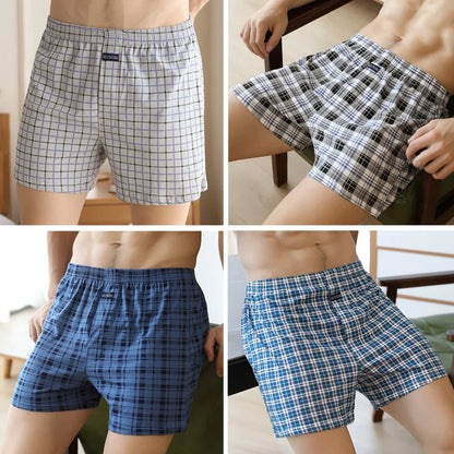 4pcs Male Arrow Pants Men Cotton Plaid Boxers Shorts Loose Mid-Waisted Men's Plus Size Underwear Homewear Comfortable Panties