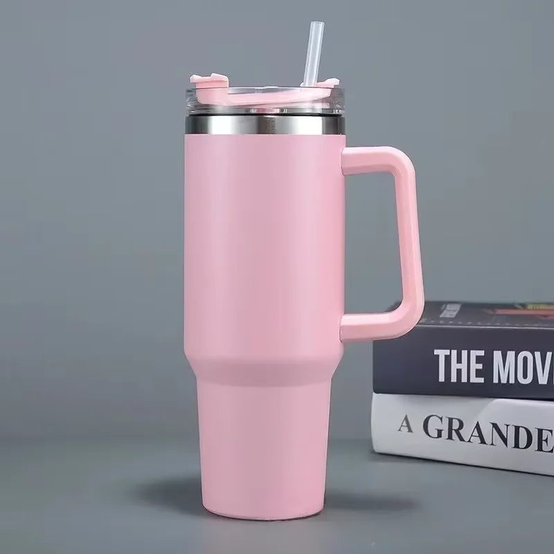 40oz 304 Stainless Steel Insulated Water Bottle,Thermal Coffee Car Cup, Cold Hot Mugs Vacuum Flask With Handle Straw,For Sport