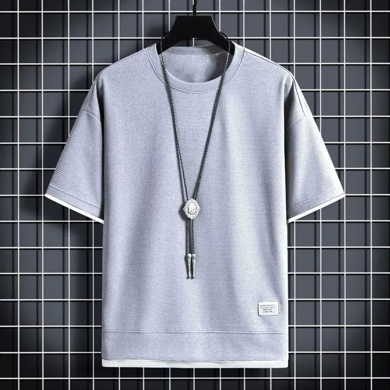 1pcs Men Summer T-Shirt Man Short Sleeved Waffle Solid T-Shirt Male Solid Color Casual Tee Round Men's Round Neck Fashion Top