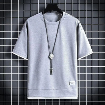 1pcs Men Summer T-Shirt Man Short Sleeved Waffle Solid T-Shirt Male Solid Color Casual Tee Round Men's Round Neck Fashion Top
