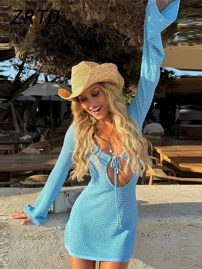 Beach Knit Hollow Out Short Dress Women Fashion Lace up Flare Sleeve Female Dresses 2025 Spring Summer Lady Vacation Solid Robes