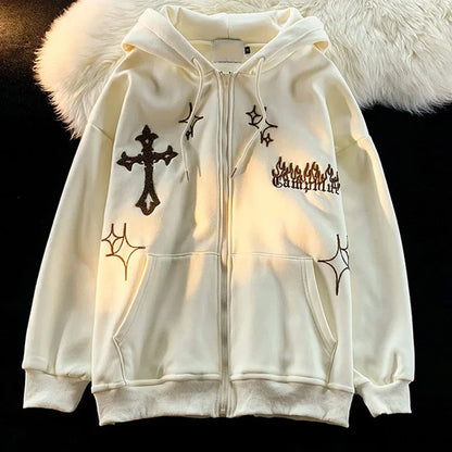 American Style Trendy Brand Embroidered Sport Jacket Oversize Couple Top Cardigan Hooded Sweatshirt Men Spring Autumn Casual Loo