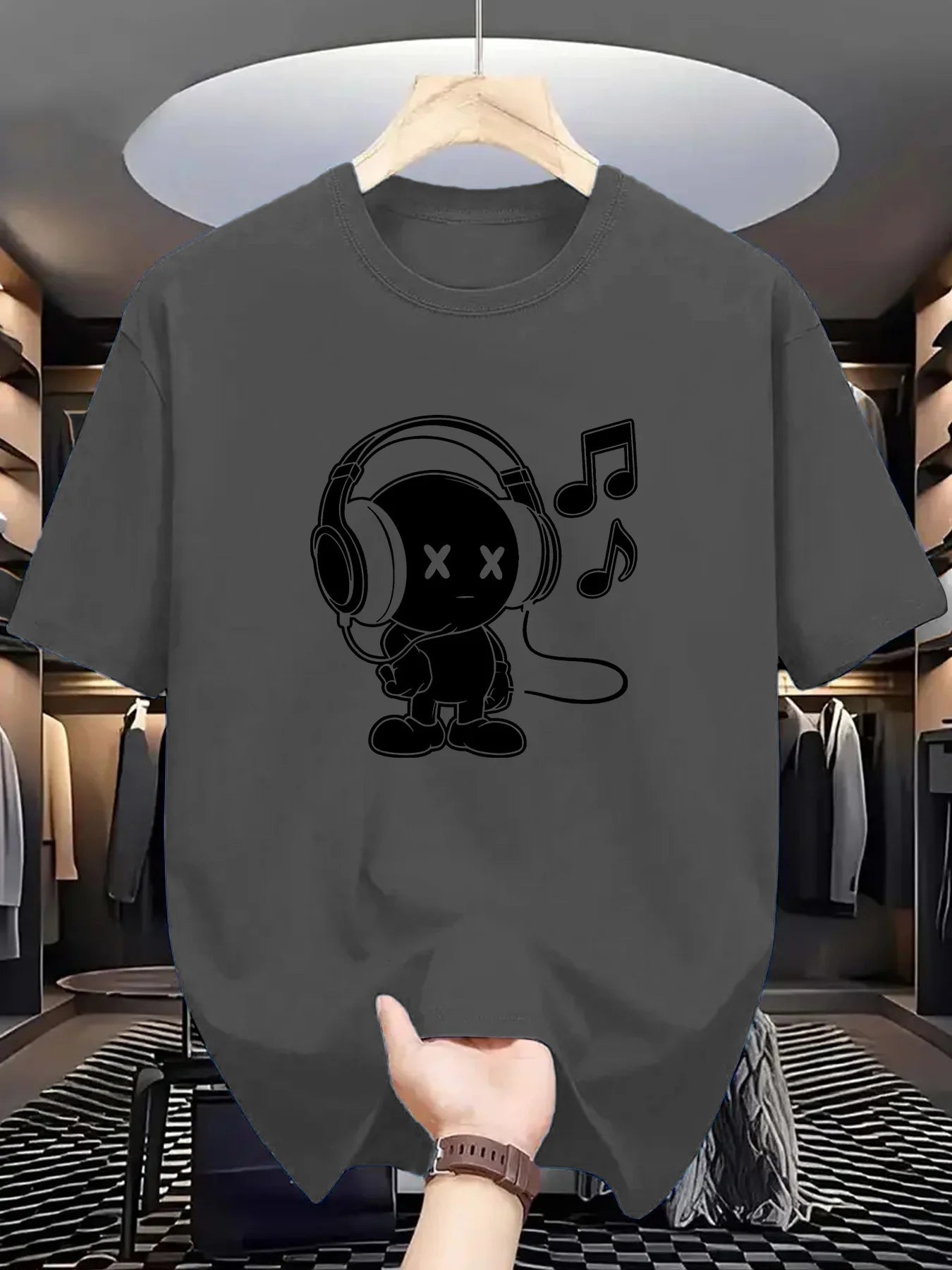 Summer men's 100% cotton casual loose fit plus size music themed printed comfortable sports round neck short sleeved T-shirt top