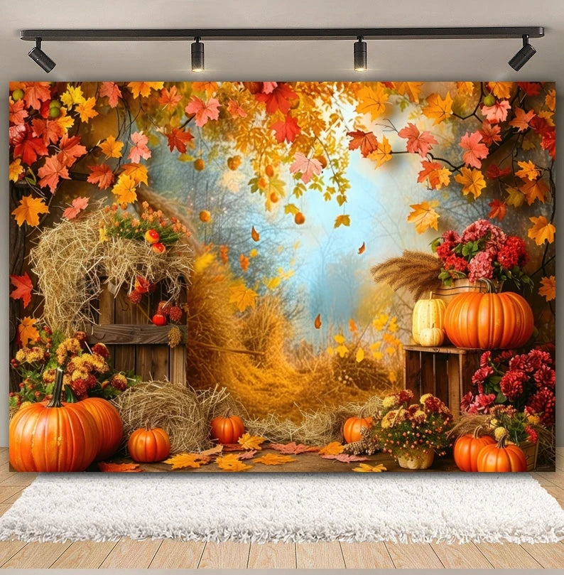 Autumn Backdrop Maple Pumpkin Maple Leaves Forest Haystack Harvest Thanksgiving Baby Portrait Photography Background Photobooth
