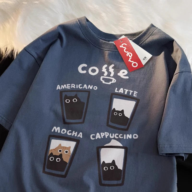 Summer Cream Coffee Cat Print Oversized Loose Short Sleeve Unisex T-shirt Women American Youth  Casual Street Couple Top