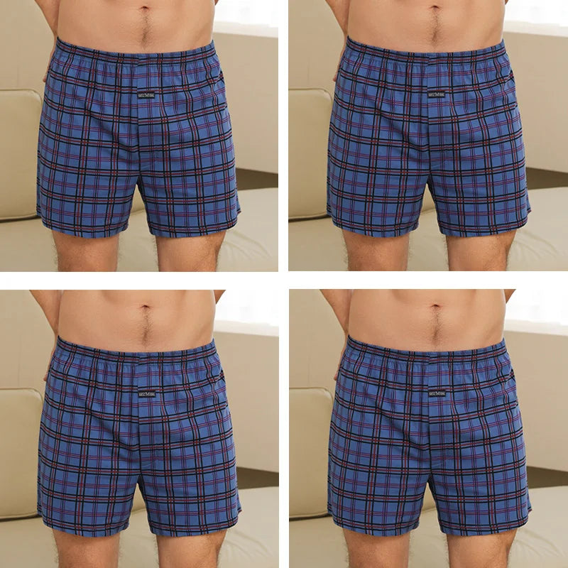 4pcs Male Arrow Pants Men Cotton Plaid Boxers Shorts Loose Mid-Waisted Men's Plus Size Underwear Homewear Comfortable Panties
