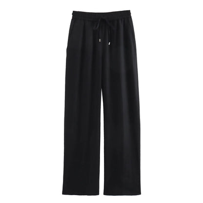 TRAF Women Fashion Spring Summer Lace-up Linen Blended Straight Pants Pocket Office Lady Chic High Waist Trousers Mujer