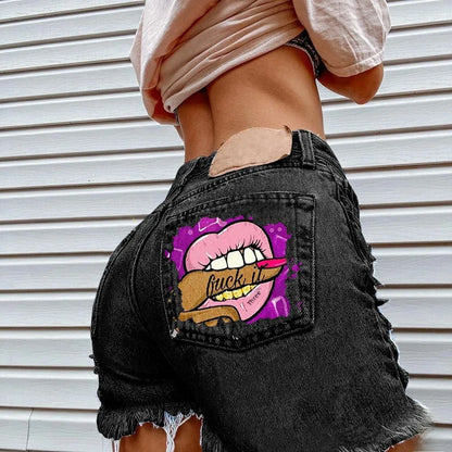 2012 Fashionable Gap Denim Shorts Women's Bite Finger Printing Cross-border E-commerce Amazon Style Breaking Shorts