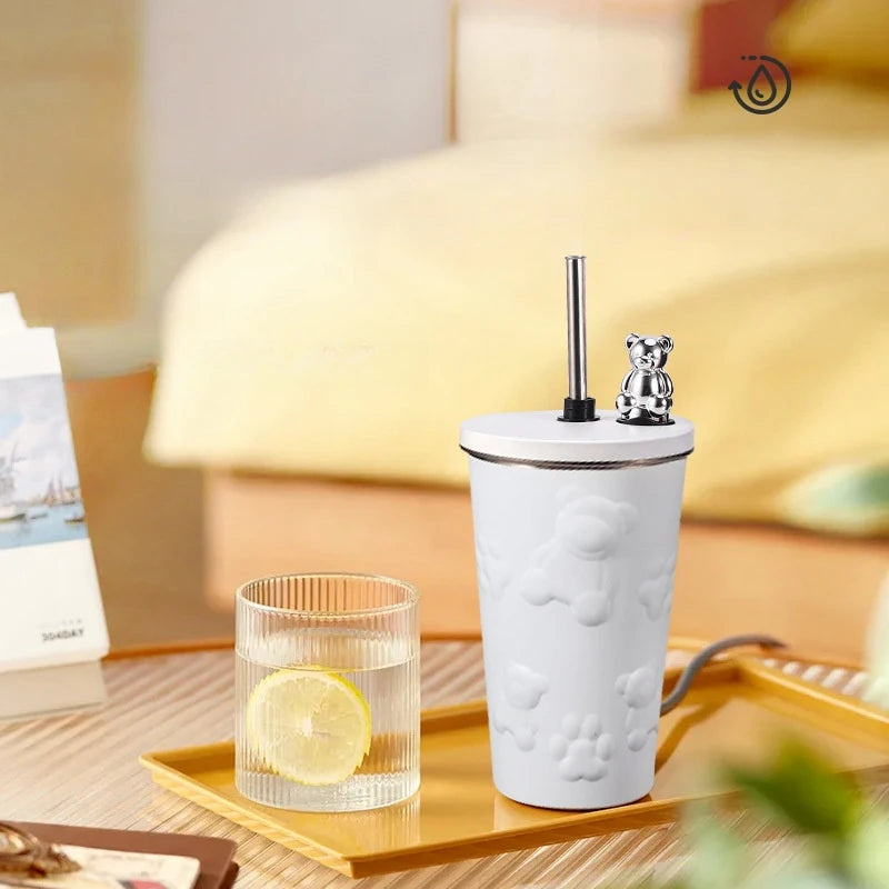 600ml Cute Bear 304 Stainless Steel Coffee Thermos Double Wall Vacuum Insulation with Straw Outdoor Water Bottle Car Cup