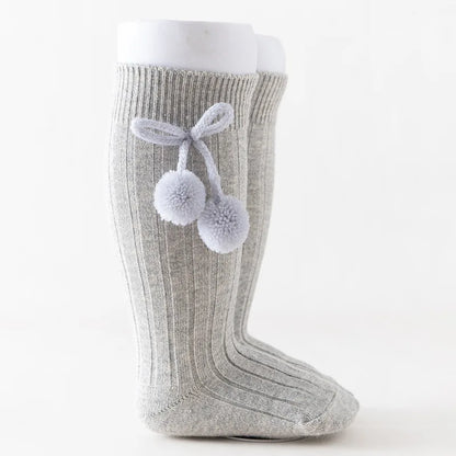 1 Pair Winter Kawaii Baby Stockings Cotton British Princess Knee High Long Bow Pom Tube Socks for Girls Knitted Sock for 0-4Year