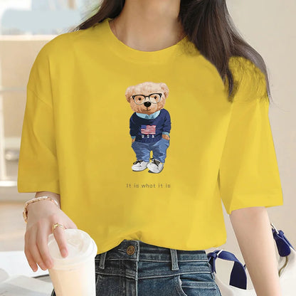 2024 Summer casual cartoon Bear print crew neck Short sleeve T-shirt Women's fashion oversized Y2K splicing loose T-shirt top
