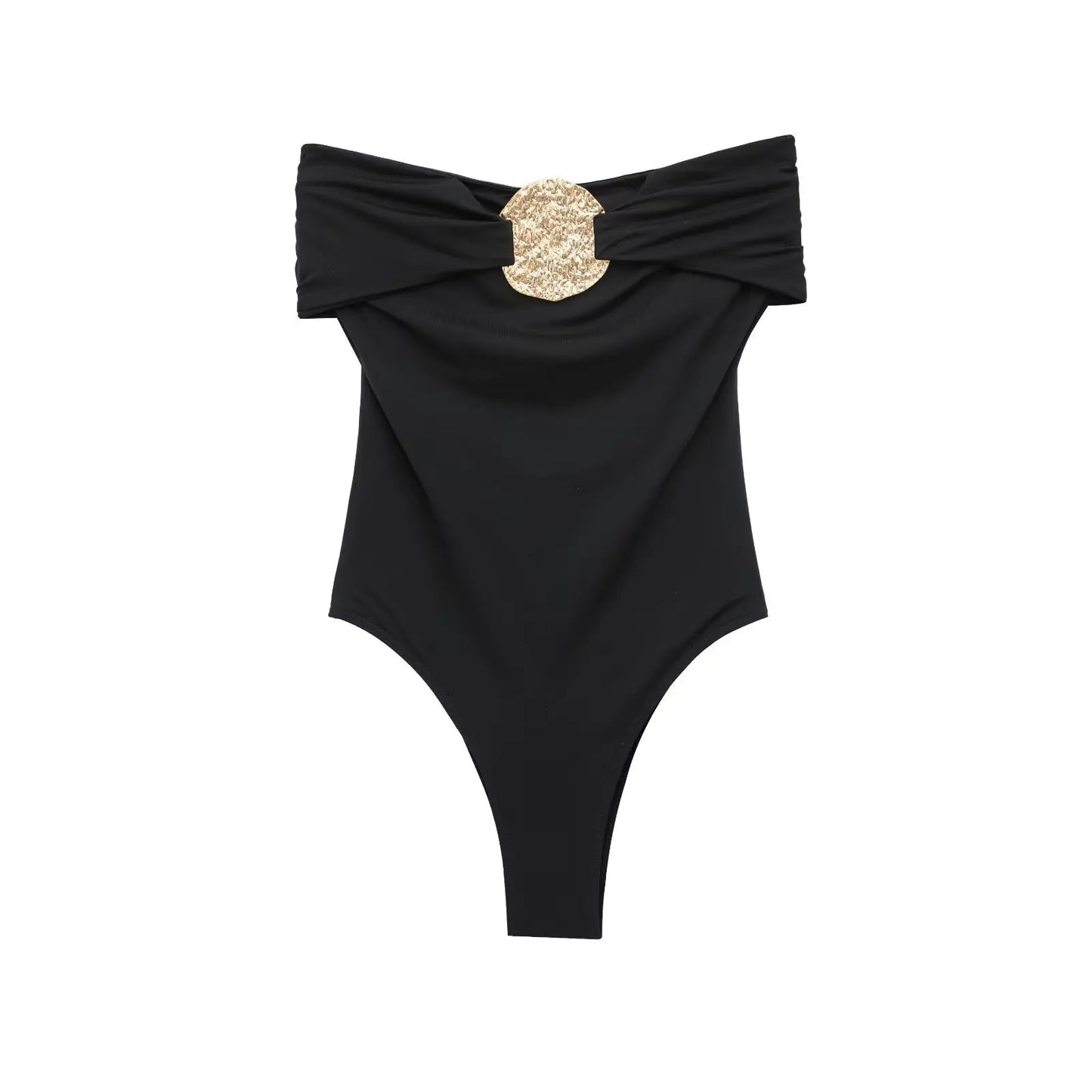 ZBZA Women's Sexy Jumpsuit Gold Button Pleated High Elastic Holiday Beach Solid Color Slim Fit Top Summer New Female Chic Top