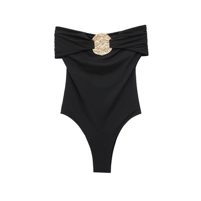 ZBZA Women's Sexy Jumpsuit Gold Button Pleated High Elastic Holiday Beach Solid Color Slim Fit Top Summer New Female Chic Top