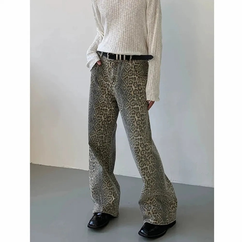 Women's Jeans Leopard High Waist Hip Hop Straight Fashion Pants Streetwear Harajuku Y2K Style Female Wide Leg Denim Trousers