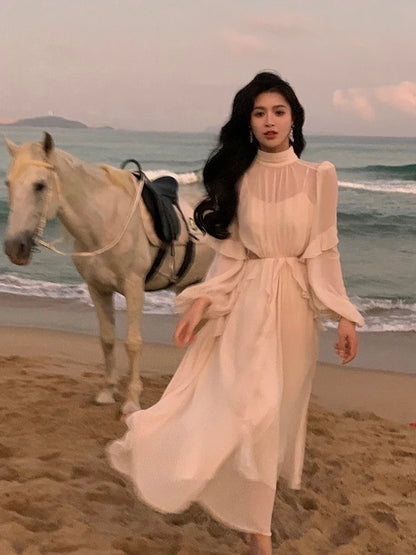Beach Style Chiffon Y2k Mini Dress Office Lady Casual Long Sleeve Elegant One Piece Dress Korean Fashion Clothing Summer 2023