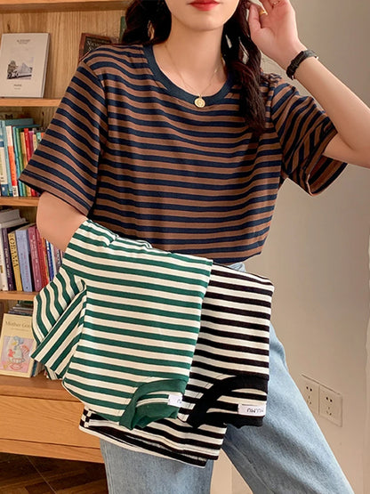 Women Stripes Vintage Tshirt Tops O Neck Short Sleeve Pullover T-shirt 2024 Summer New Korea Cotton Shirt Green Black Y2K