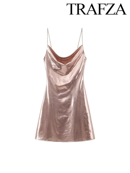 TRAF Women's Metallic Colour Glitter Dress Sexy Backless Sleeveless Spaghetti Strap Dresses Party Bar Sleeveless Short Dresses
