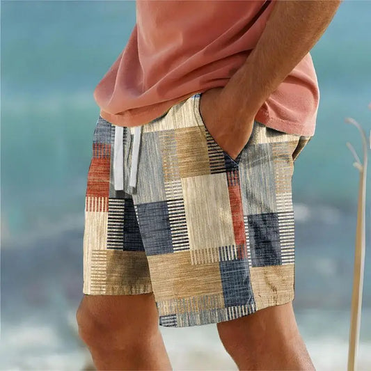 2025 Plaid Color Block Men's Resort 3D Printed Geometry Board Shorts Swim Trunks Elastic Drawstring Hawaiian Style Holiday Beach