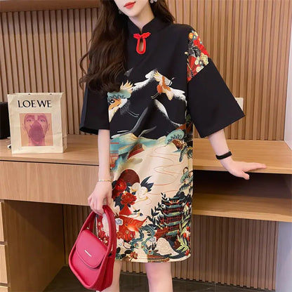 Summer Chinese Style Vintage Printing T-shirt Mini Dress Ladies Short Sleeve Loose Casual A-line Robe Women Stand Collar Vestido