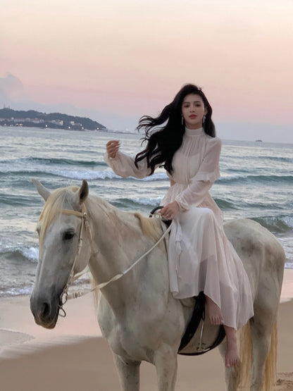 Beach Style Chiffon Y2k Mini Dress Office Lady Casual Long Sleeve Elegant One Piece Dress Korean Fashion Clothing Summer 2023