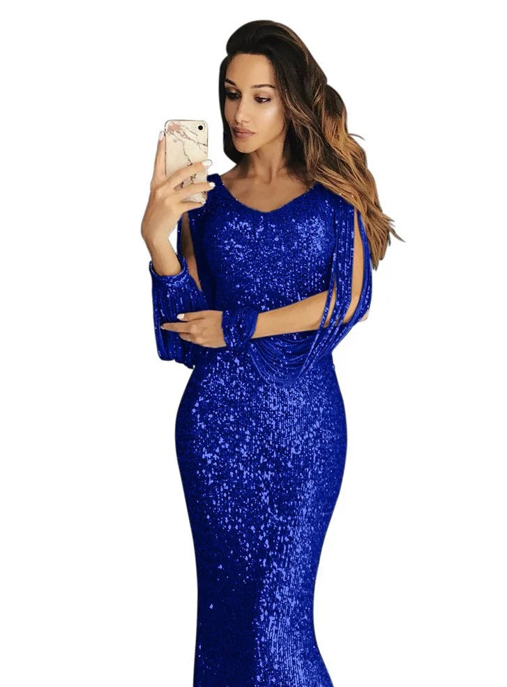Women's European and American Long Dress Evening Dress Long Sleeve Tassel Dinner Dress