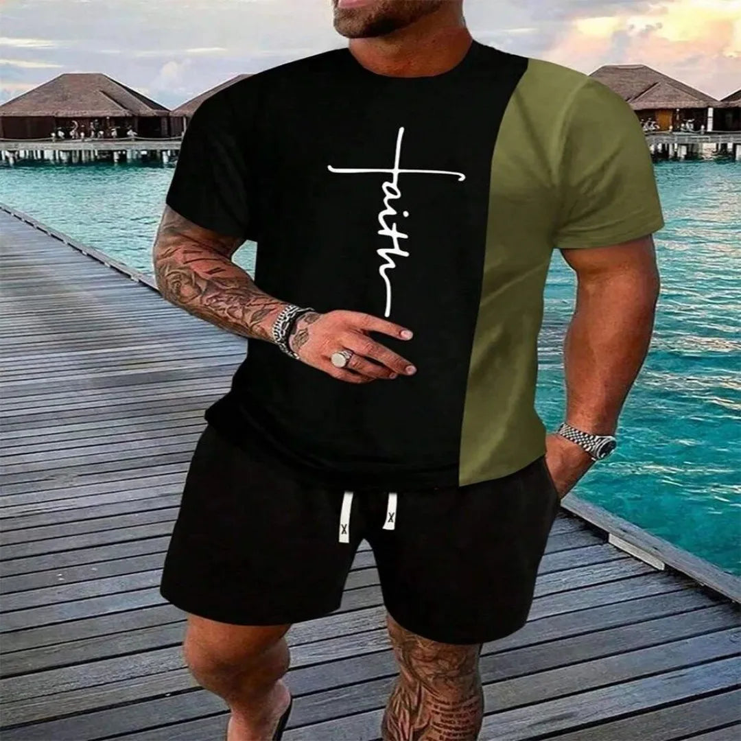 2025 urban street fashion trend men's round neck short sleeved set, outdoor simple round neck top, casual and comfortable shorts