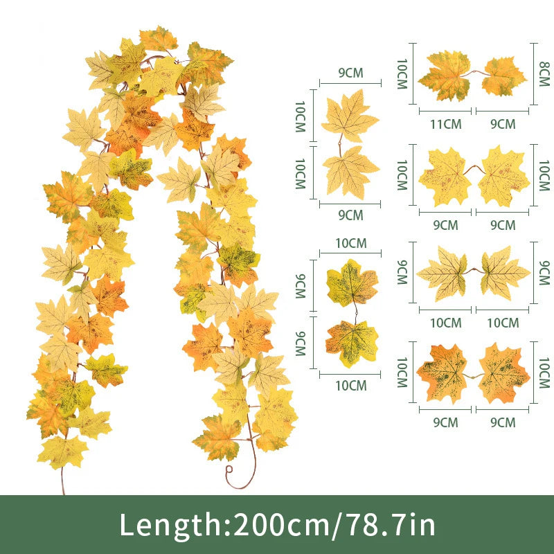 2M Artificial Maple Leaf Garland Thanksgiving Christmas Hanging Wall Decor Fake Fallen Leaves Autumn Decor Rattan Wedding Props
