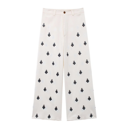 ZEVITY New Women Fashion Geometric Embroidery Wide Leg Pants High Waist Female Chic Zipper Fly Ankle Length Trousers Mujer P6247