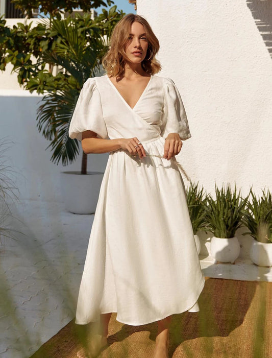 Bornladies 100% Cotton V-neck Waist Cinched Dress Unique Lantern Sleeve Sexy Slit Long Skirt Fashionable Women's Casual Dresses